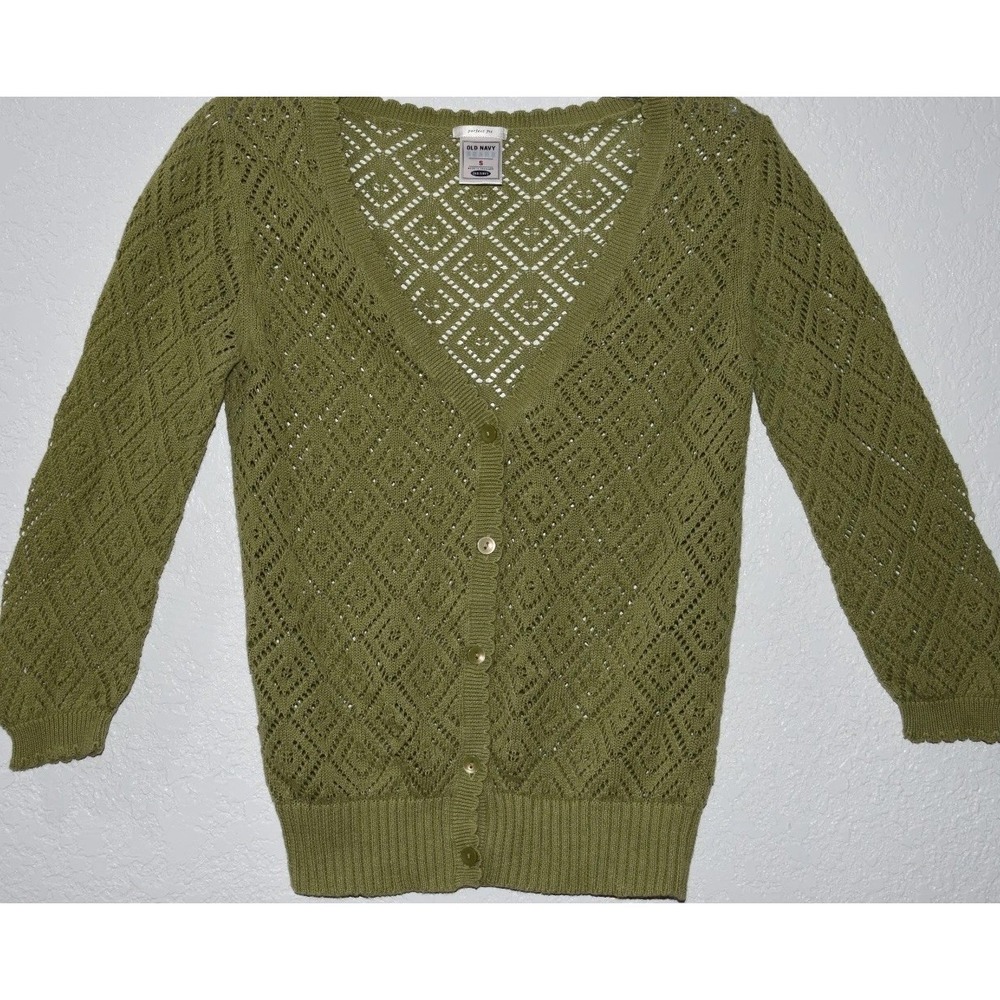 Old Navy S Perfect Fit Cardigan Sweater Open Knit Lightweight Scallop Edge Green